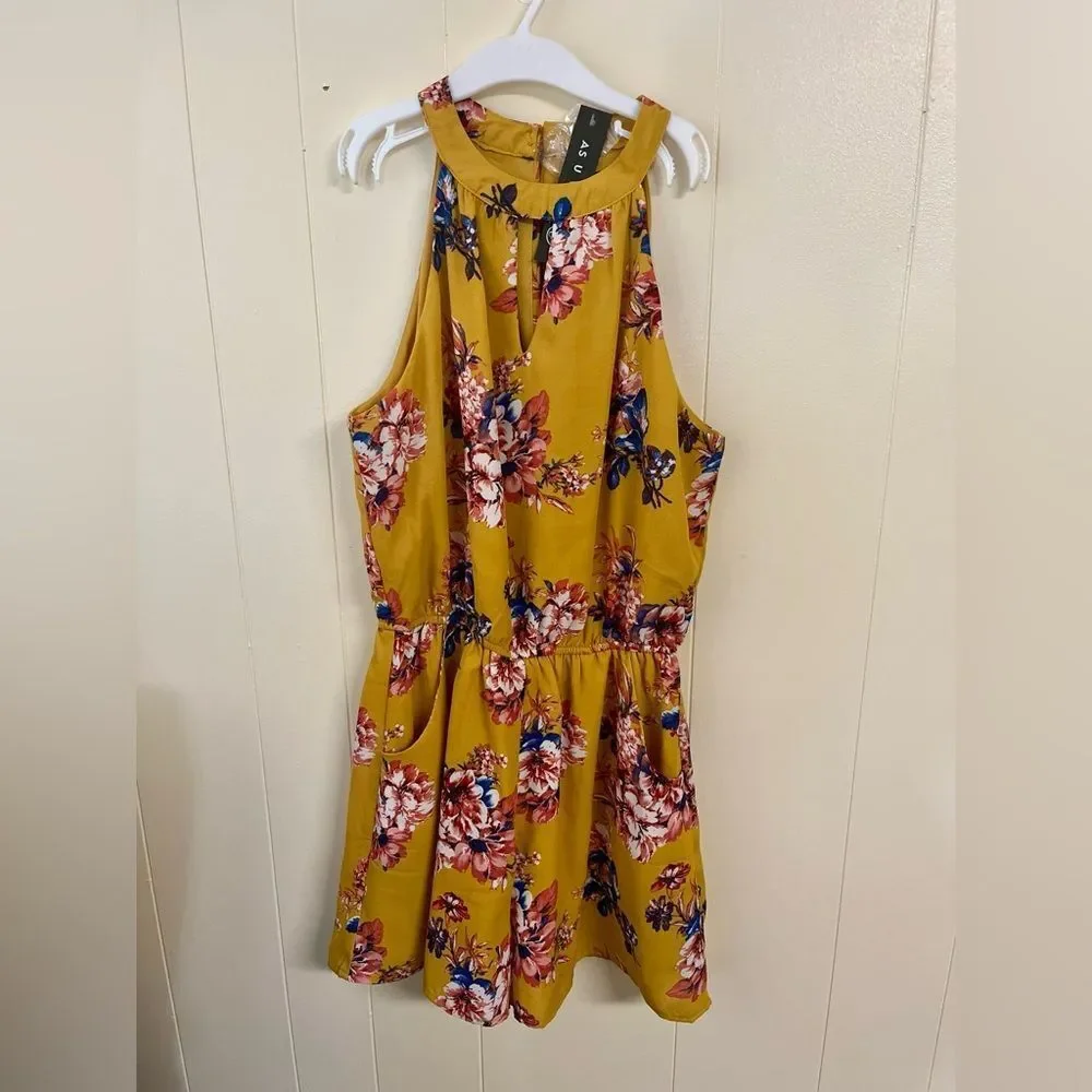 NWT Yellow Tropical Floral Leaf Print Short Romper Sz XS